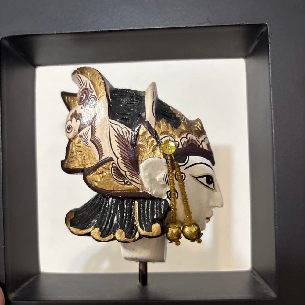 Vintage Indonesian Wayang Golek Hand Painted Puppet Head In A Open Frame 3-D